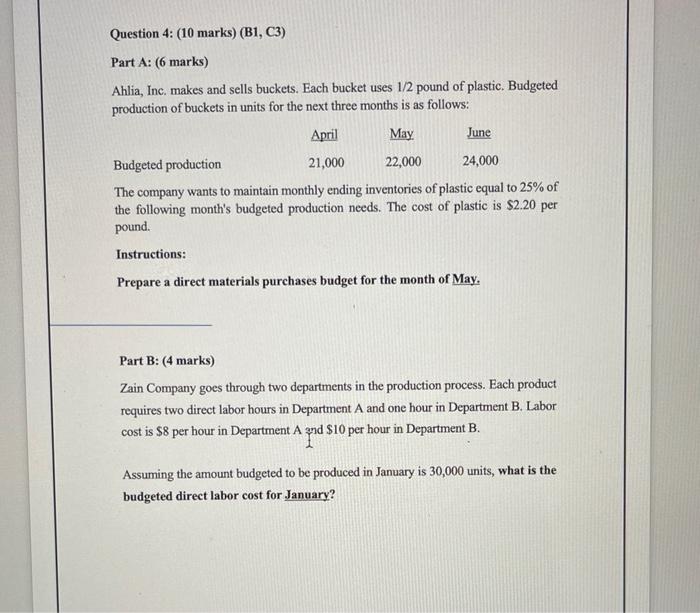  Question 4: (10 marks) (B1, C3) Part A: (6 marks) Ahlia,
