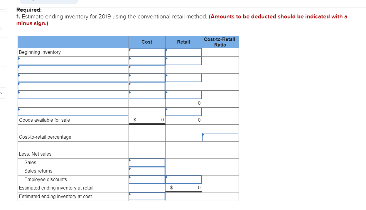 Problem 9-12 (Algo) Retail inventory method; various applications [LO9-3, 9-4, 9-5] [The