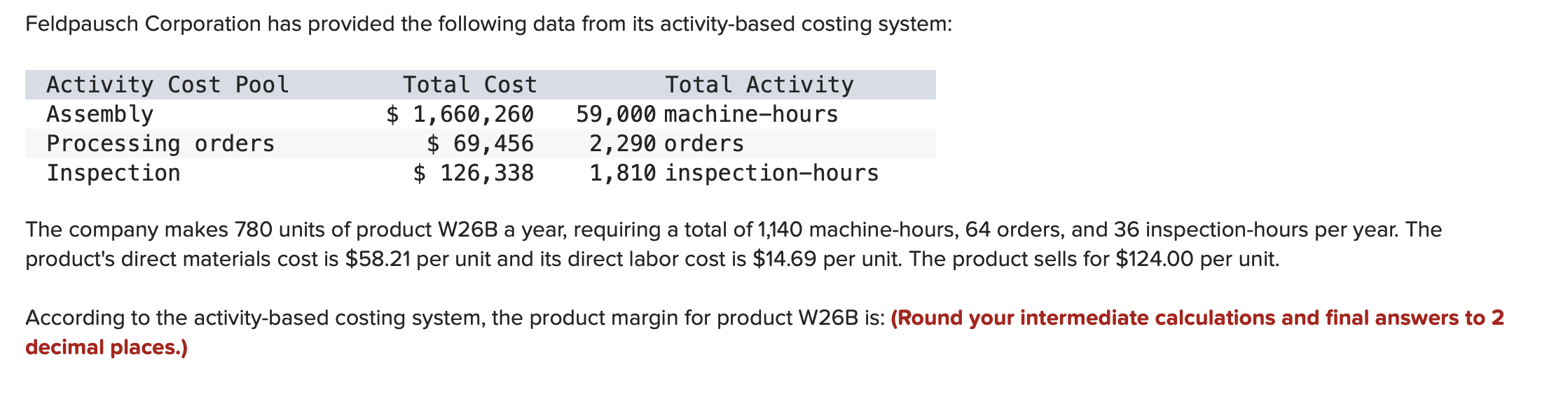 Feldpausch Corporation has provided the following data from its activity-based costing