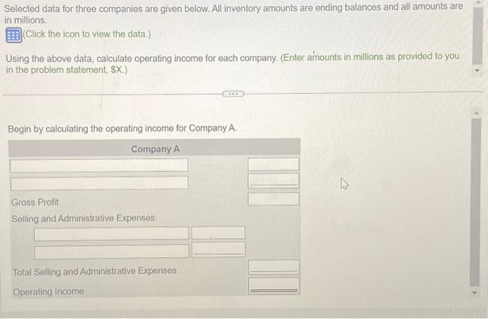  Selected data for three companies are given below. All inventory amounts