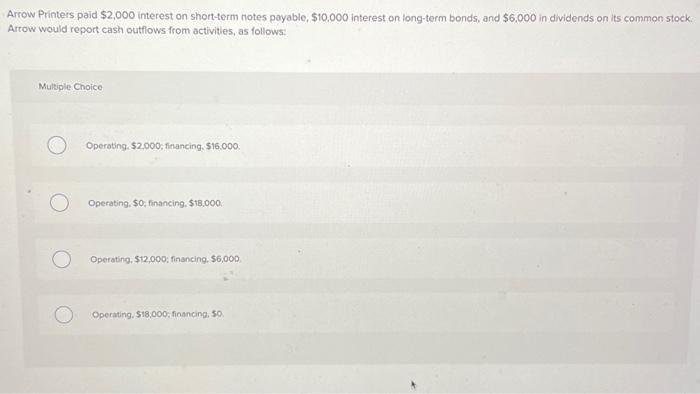  Arrow Printers paid $2,000 interest on short-term notes payable, $10,000 interest