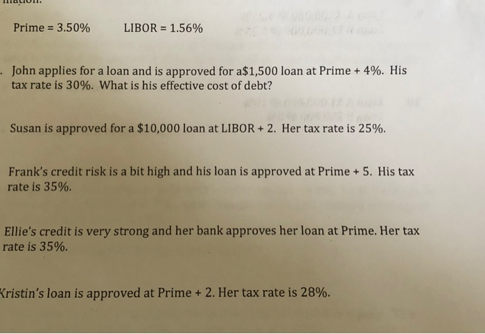  Prime = 3.50% LIBOR = 1.56% John applies for a loan