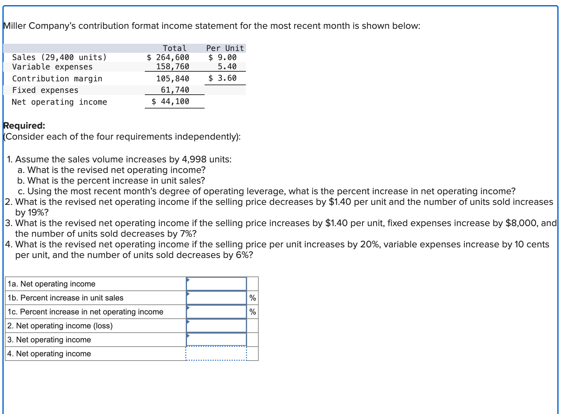  Miller Company's contribution format income statement for the most recent month