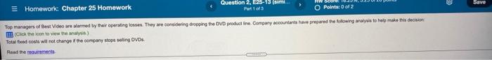  Save = Homework: Chapter 25 Homework Question 2, E25-113 simi Part