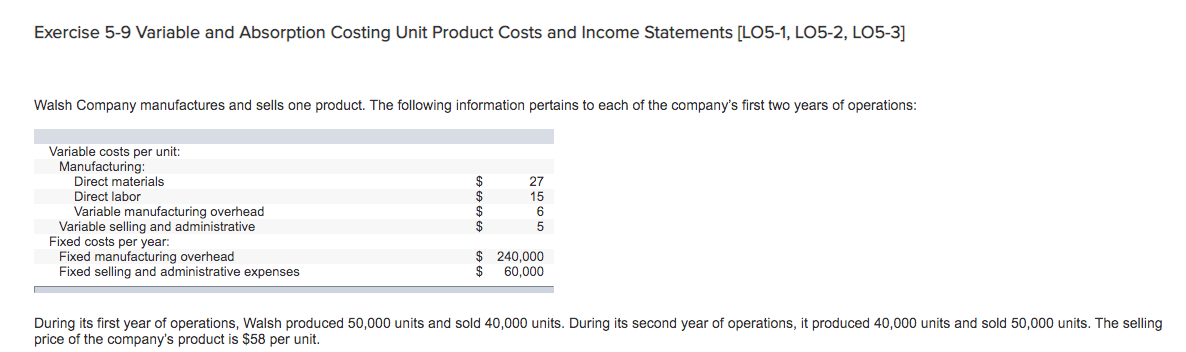  Exercise 5-9 Variable and Absorption Costing Unit Product Costs and Income