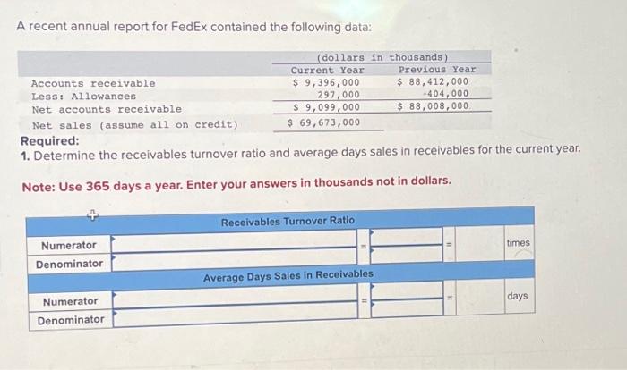  A recent annual report for FedEx contained the following data: Numerator
