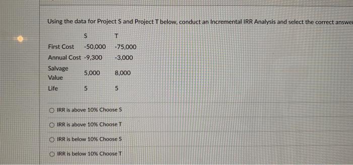 using the data from project S and T, conduct an Incremental IRR