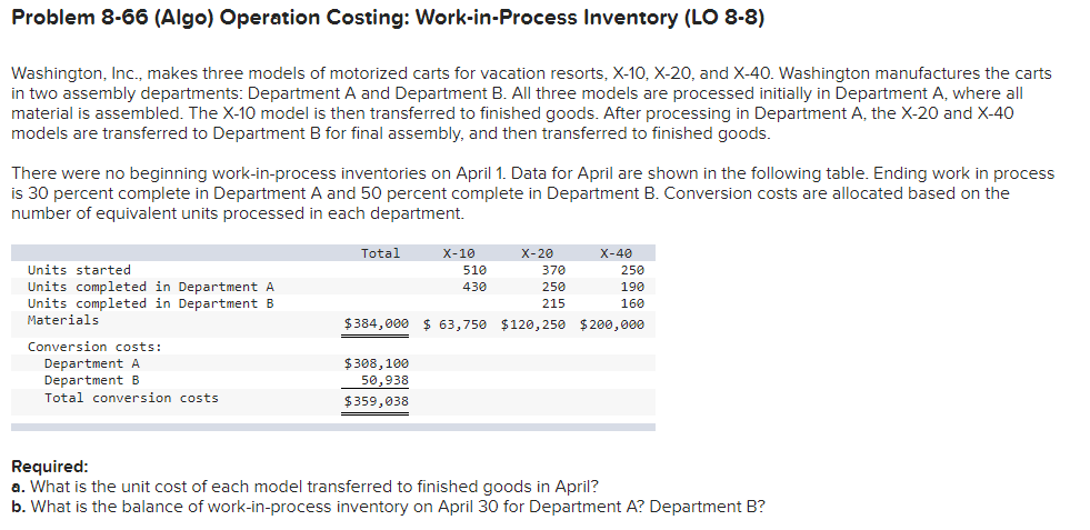 Problem 8-66 (Algo) Operation Costing: Work-in-Process Inventory (LO 8-8) Washington, Inc.,
