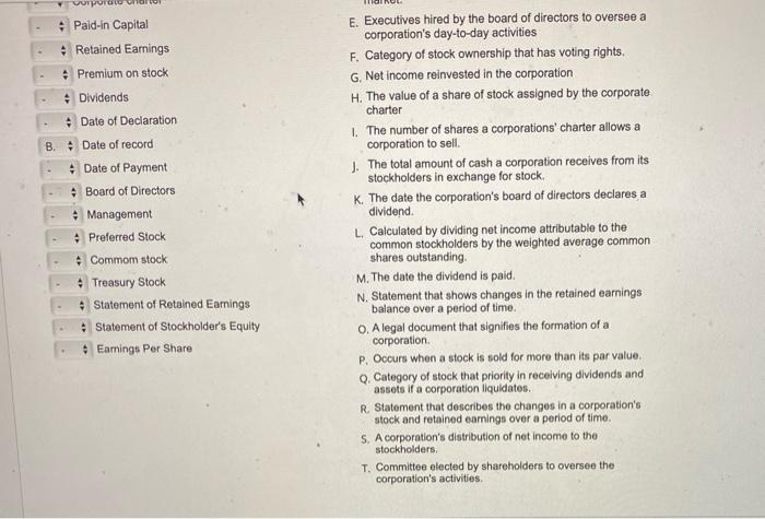 Market Value B. Par Value Corporate charter Pald-in Capital Retained Earnings #