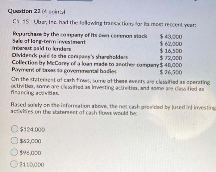 Question 22 (4 points) Ch. 15 - Uber, Inc. had the