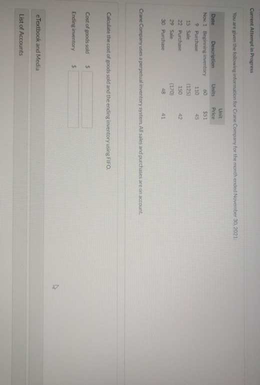 Current Attempt in Progress You are given the following information for