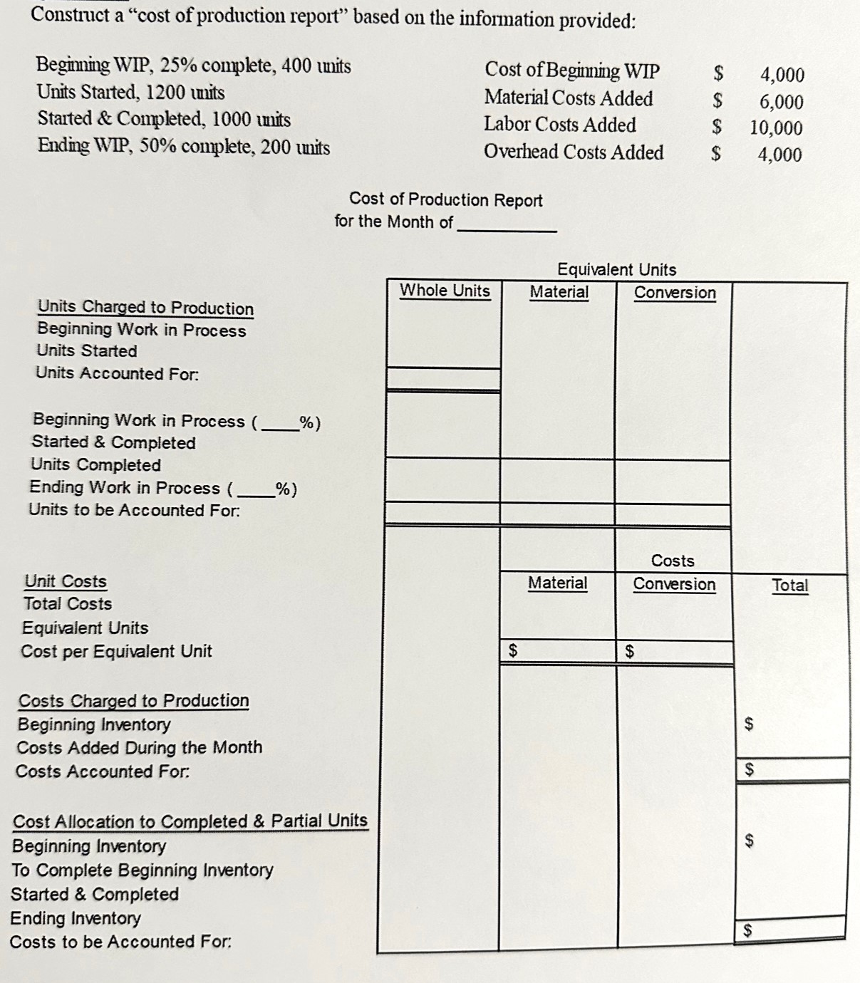 Show computations. Construct a "cost of production report" based on the