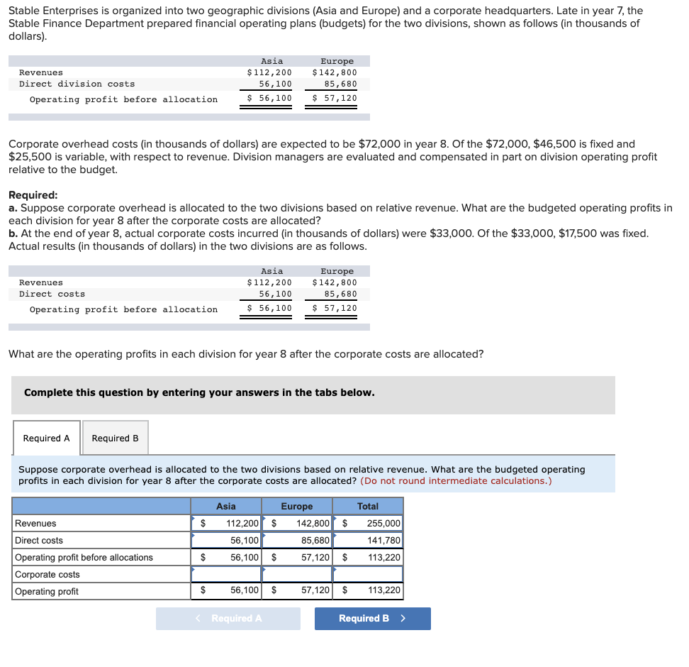 Please do part A &B Stable Enterprises is organized into two geographic