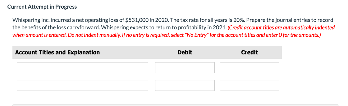  Current Attempt in Progress Whispering Inc. incurred a net operating loss