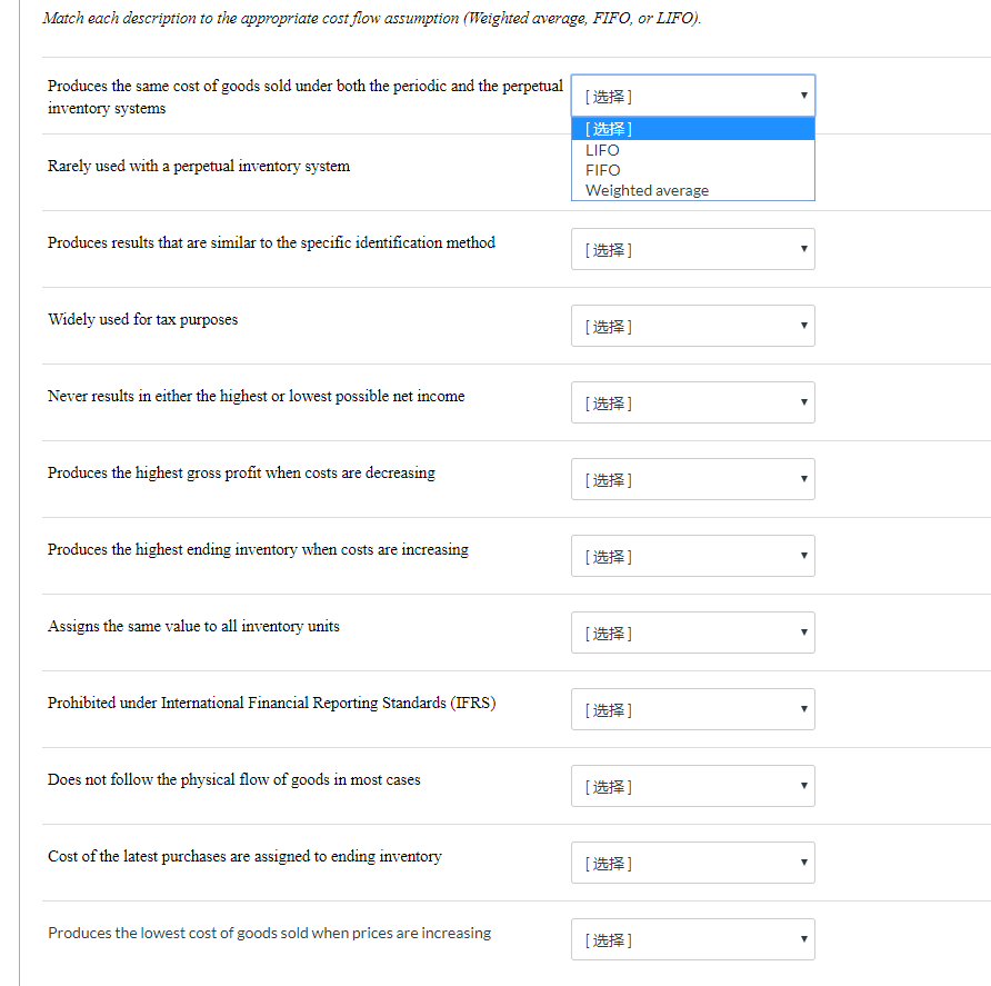  Match each description to the appropriate cost flow assumption (Weighted average,