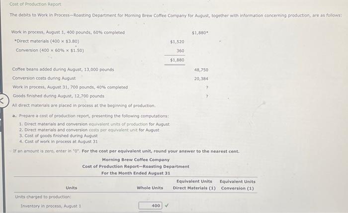 Materials (1) Conversion (1) Units charged to production: Inventory in process, August