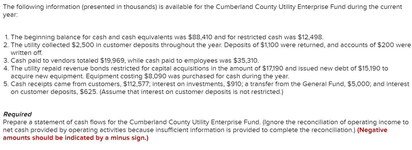  The following information (presented in thousands) is available for the Cumberland