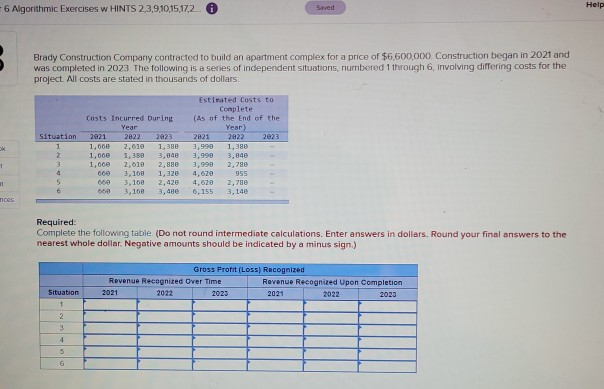  Saved Help 6 Algorithmic Exercises w HINTS 23,9,10,15,17,2 Brady Construction Company