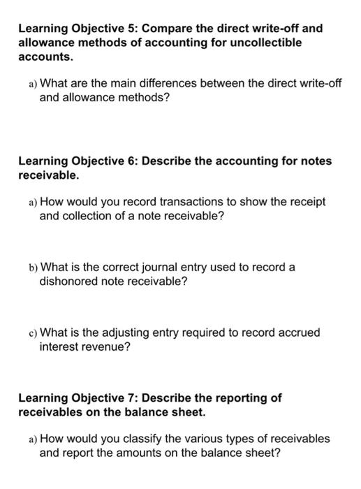  Learning Objective 5: Compare the direct write-off and allowance methods of