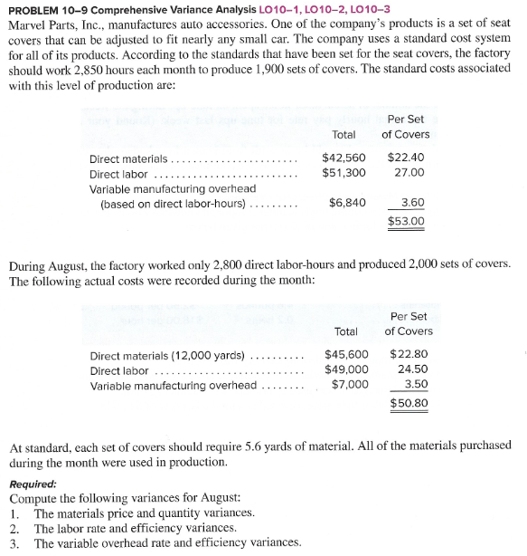 PROBLEM 10-9 Comprehensive Variance Analysis LO 10-1, LO10-2, LO10-3 Marvel Parts,