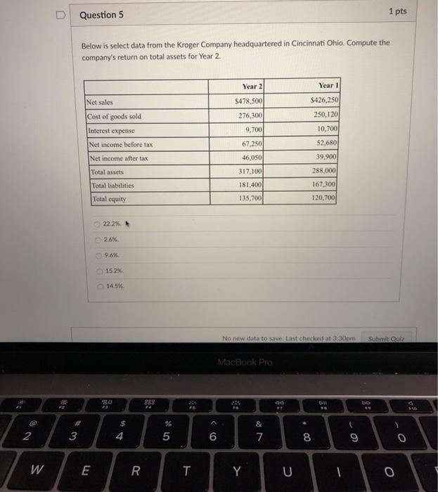  Question 5 1 pts Below is select data from the Kroger
