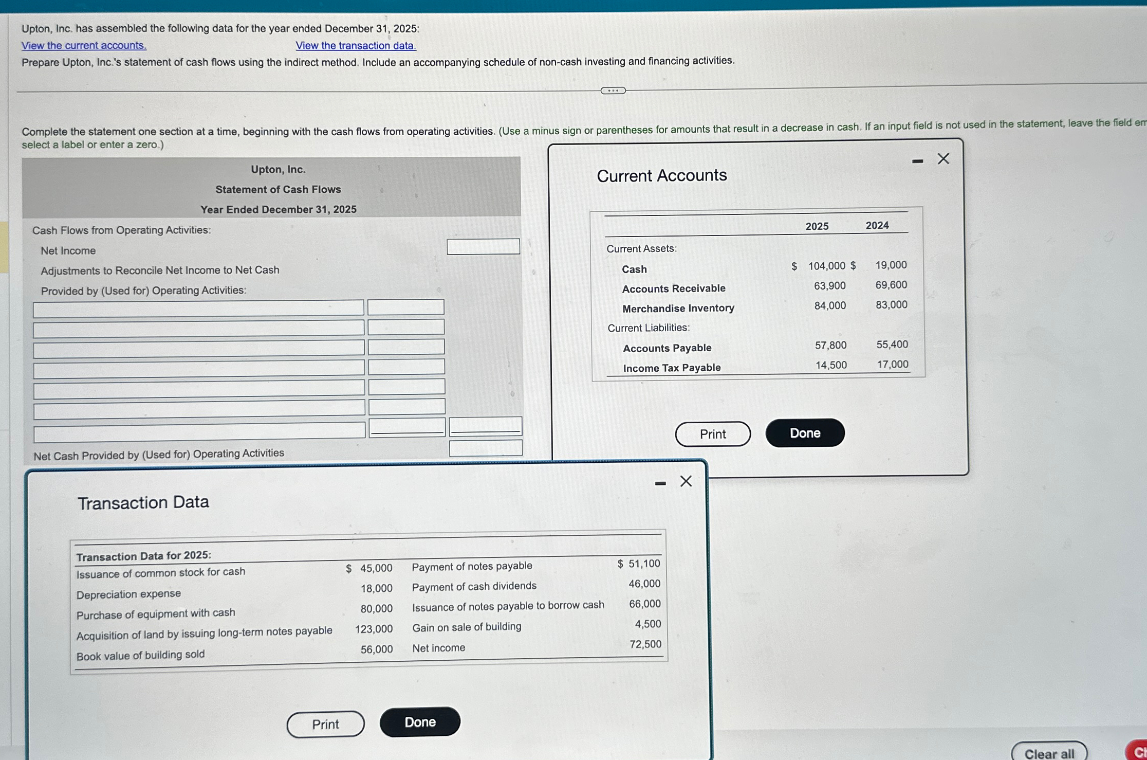  Upton, Inc. has assembled the following data for the year ended