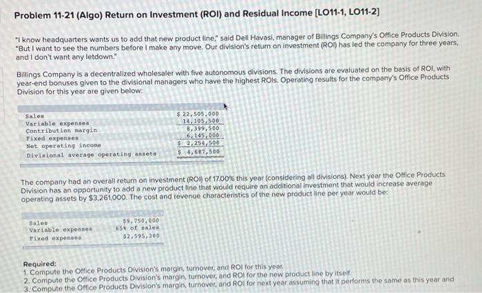 assume all answers are wrong Problem 11-21 (Algo) Return on Investment (ROI)