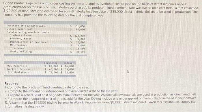  question 4 assignment 3 Gitano Products operates a job order costing