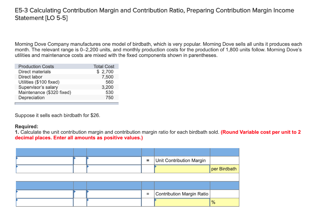E5-3 Calculating Contribution Margin and Contribution Ratio, Preparing Contribution Margin Income