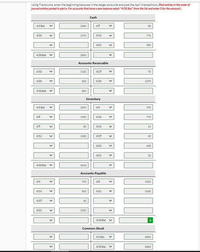 Shop showed Cash $3.360: Inventory $3,500; and Common Stock $6,860. The following