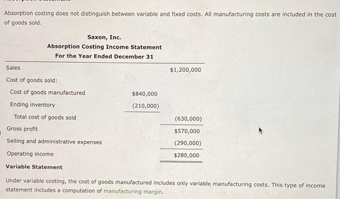  Absorption costing does not distinguish between variable and fixed costs. All