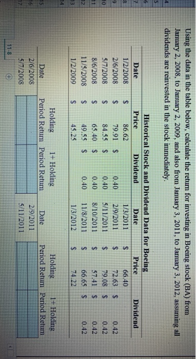  Using the data in the table below, calculate the return for