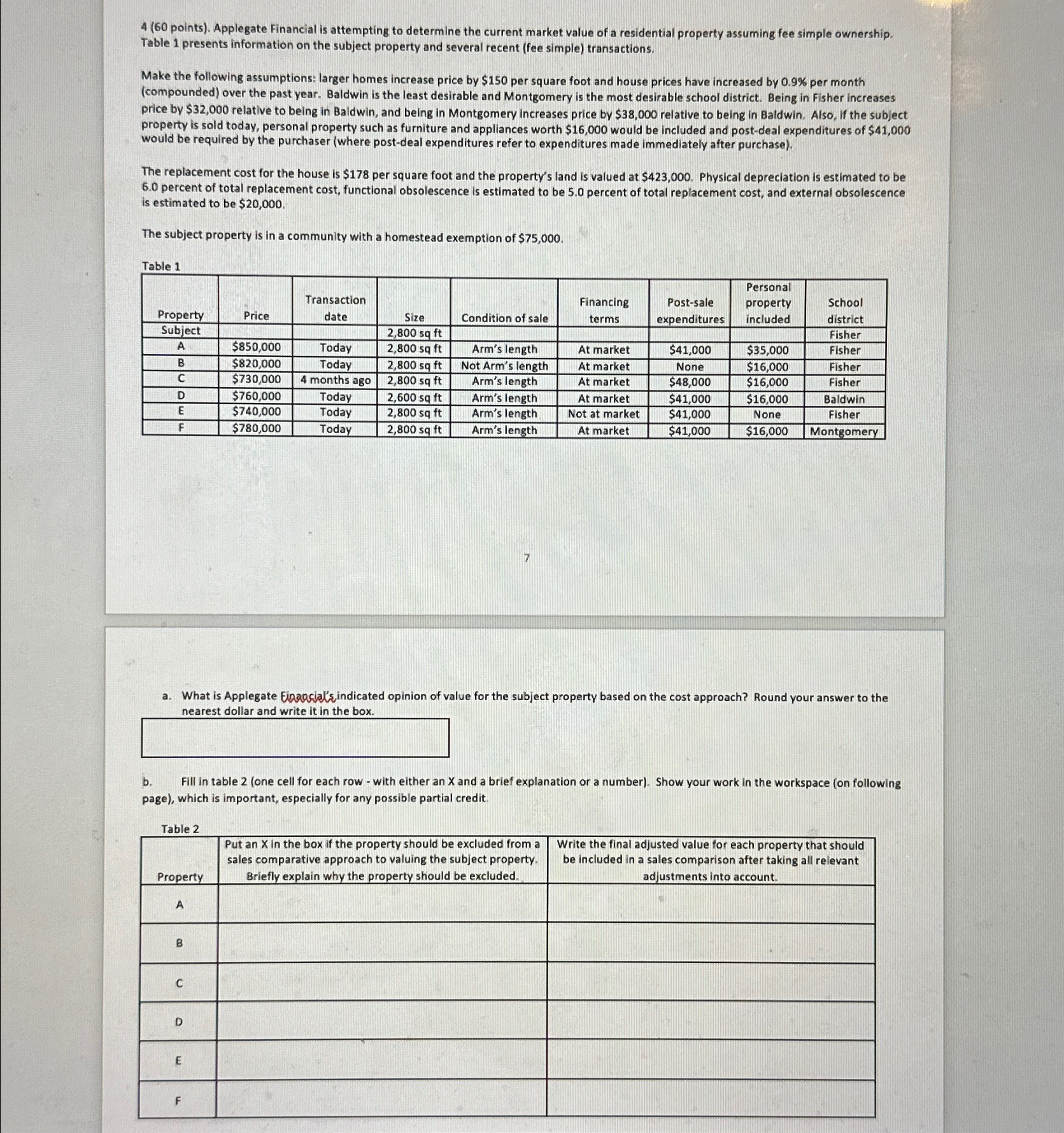  4(60 points). Applegate Financial is attempting to determine the current market