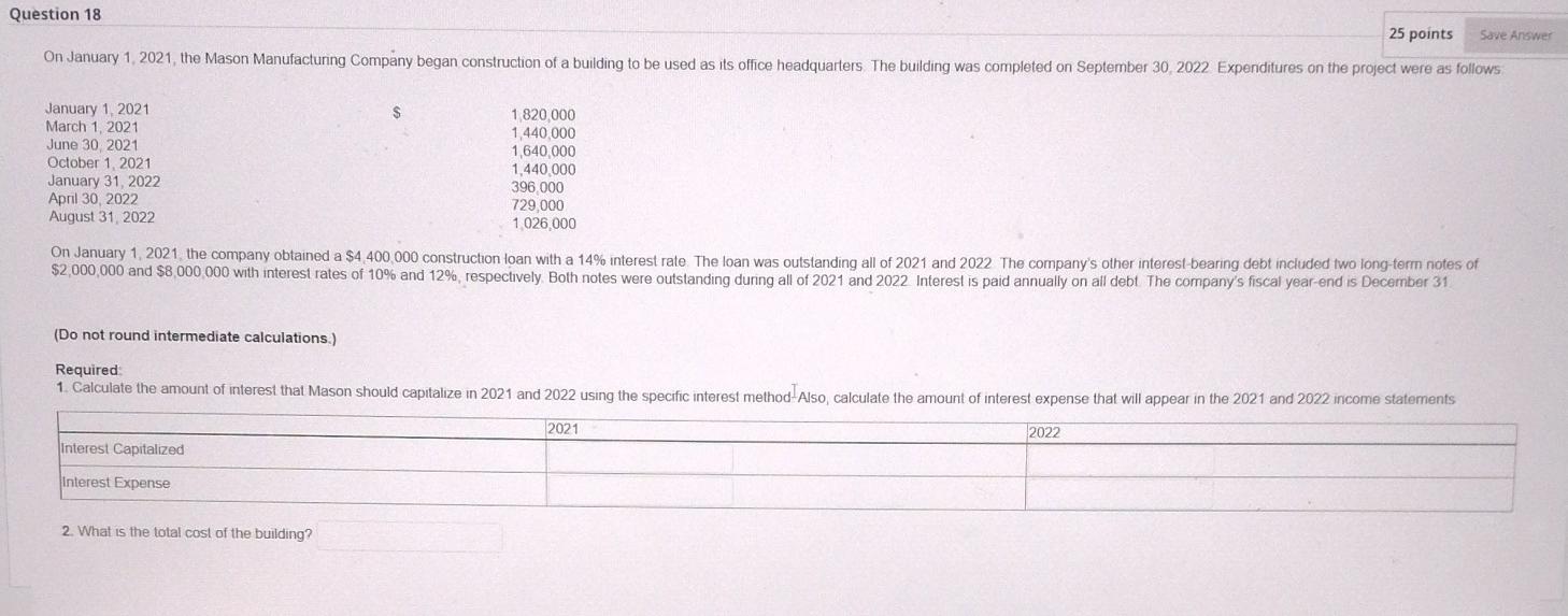 Question 18 25 points Save On January 1. 2021, the Mason Manutactunng