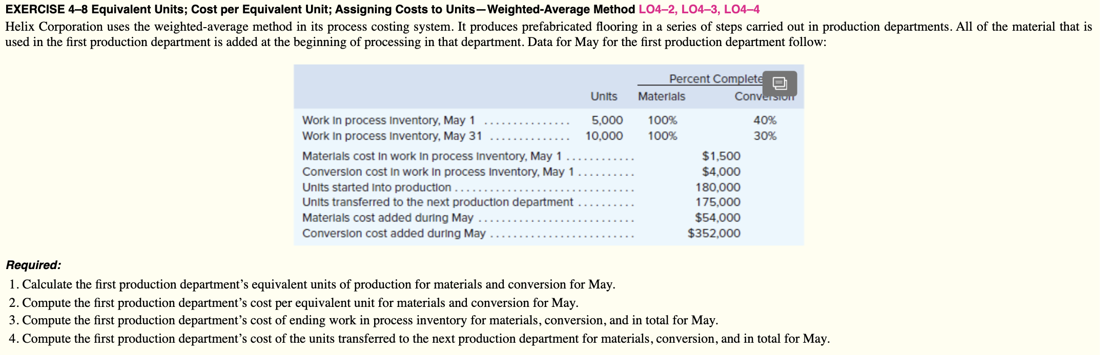 EXERCISE 4-8 Equivalent Units; Cost per Equivalent Unit; Assigning Costs to