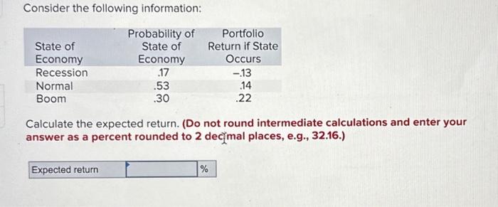  Consider the following information: Calculate the expected return. (Do not round