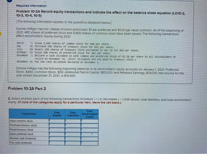 Required Information Problem 10-2A Record equity transactions and indicate the effect on