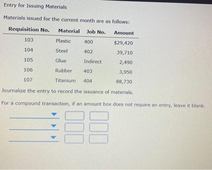  Entry for Issuing Materials Materials issued for the current month are