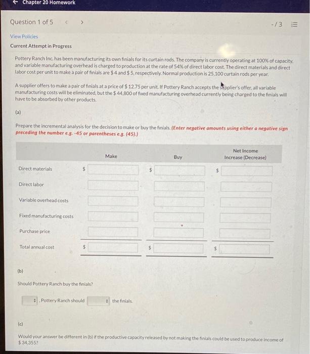  Chapter 20 Homework Question 1 of 5 > -/3 View Policies
