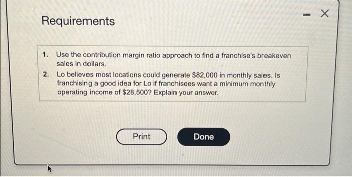 franchise's breakeven sales in dollars. 2. Lo believes most locations could generate