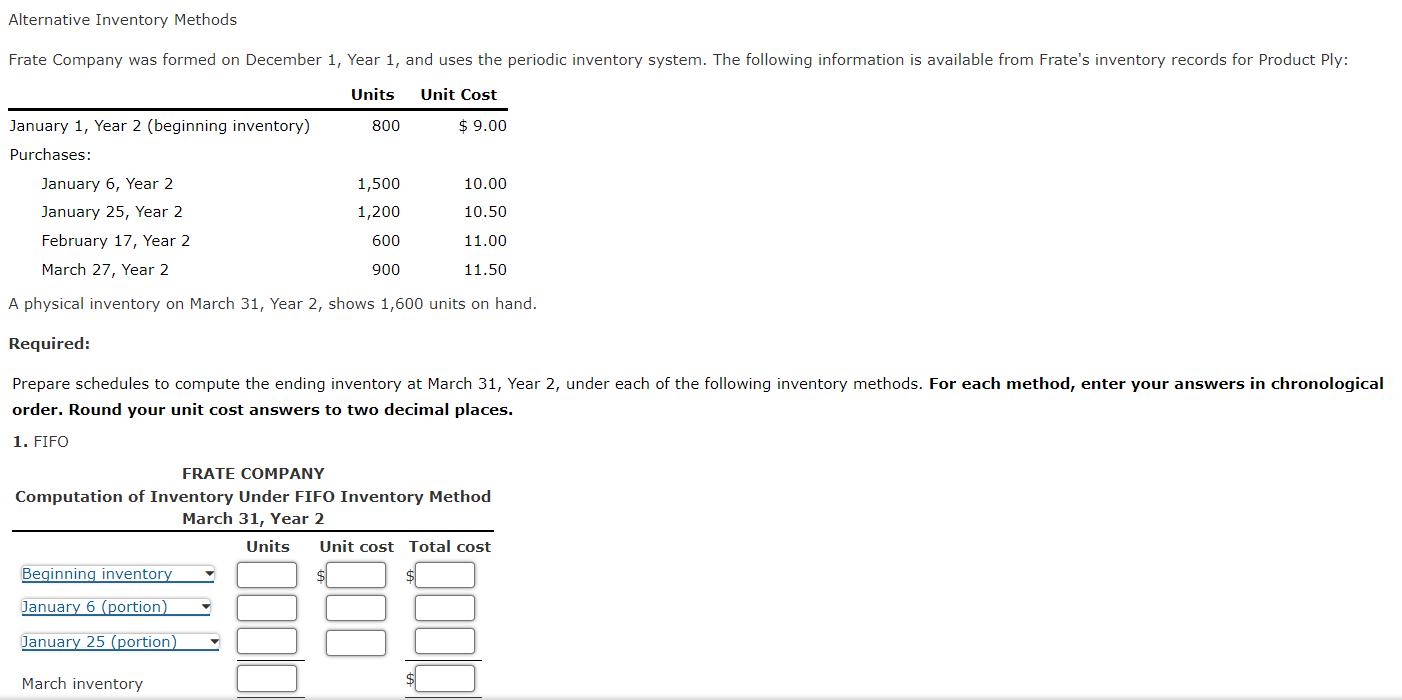 Alternative Inventory Methods A physical inventory on March 31, Year 2,
