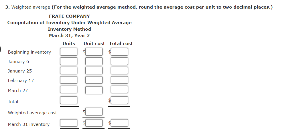 to two decimal places. 1. FIFO 3. Weighted average (For the weighted
