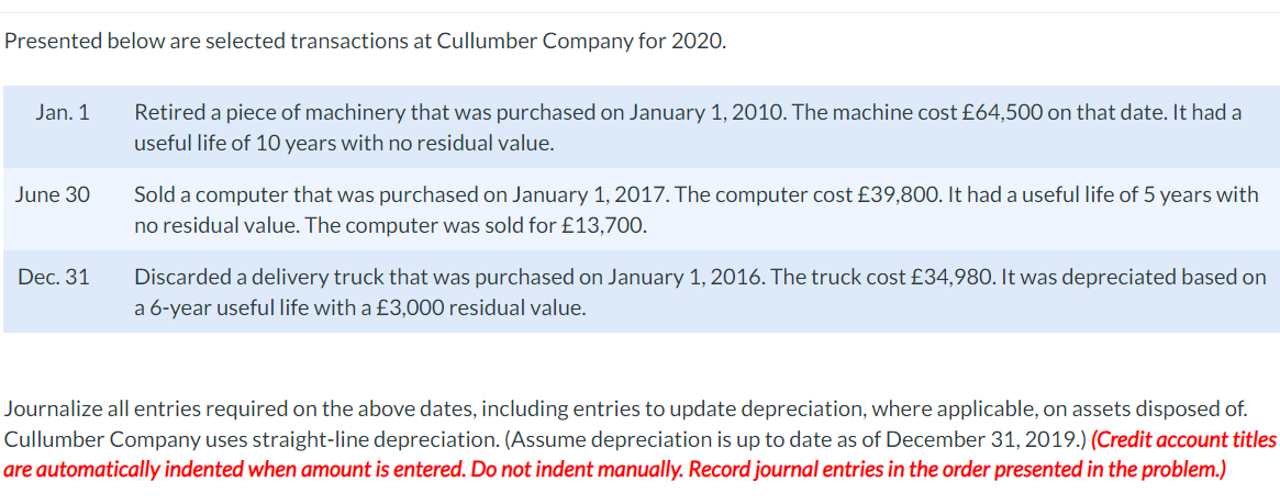 Presented below are selected transactions at Cullumber Company for 2020. Jan.