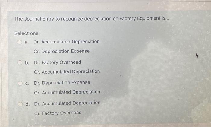 in Process Cr. Factory Overhead d. Dr. Cost of Goods Sold Cr.