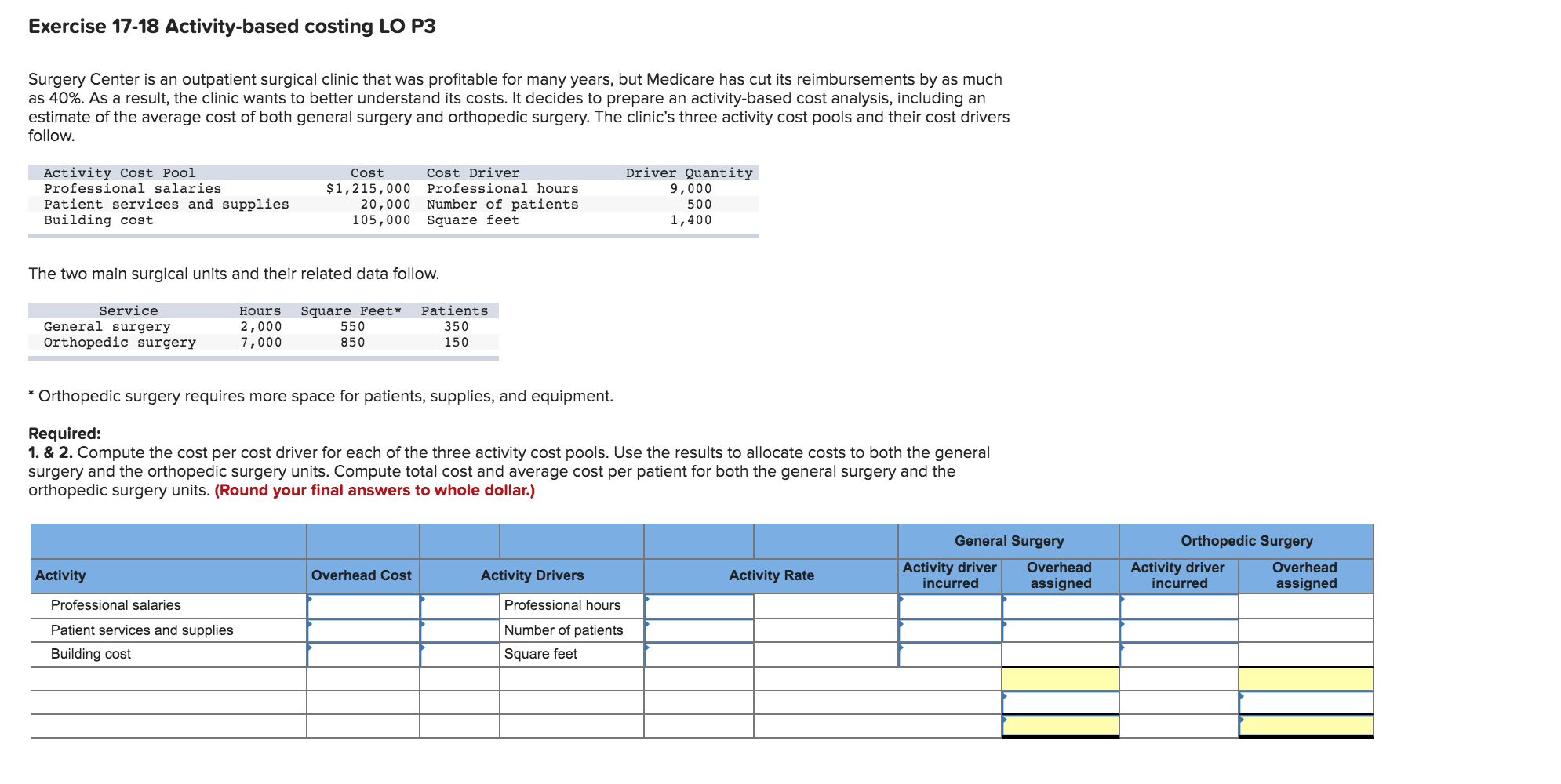  Exercise 17-18 Activity-based costing LO P3 Surgery Center is an outpatient