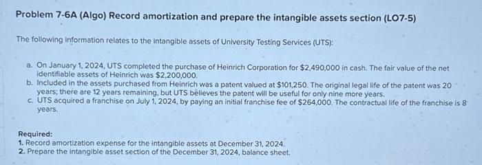  Problem 7-6A (Algo) Record amortization and prepare the intangible assets section