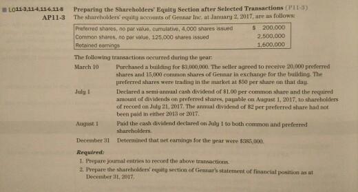 Preparing the Shareholders' Equity Section after Selected Transactions (P11-3) The shareholders'
