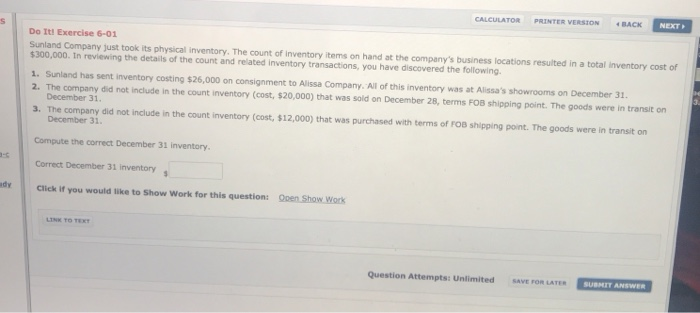 need help please CALCULATOR PRINTER VERSION BLACK NEXT Do It! Exercise 6-01