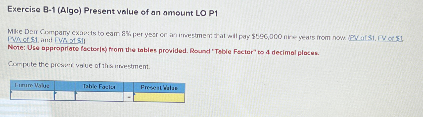  Exercise B-1(Algo) Present value of an amount LO P1 Mike Derr