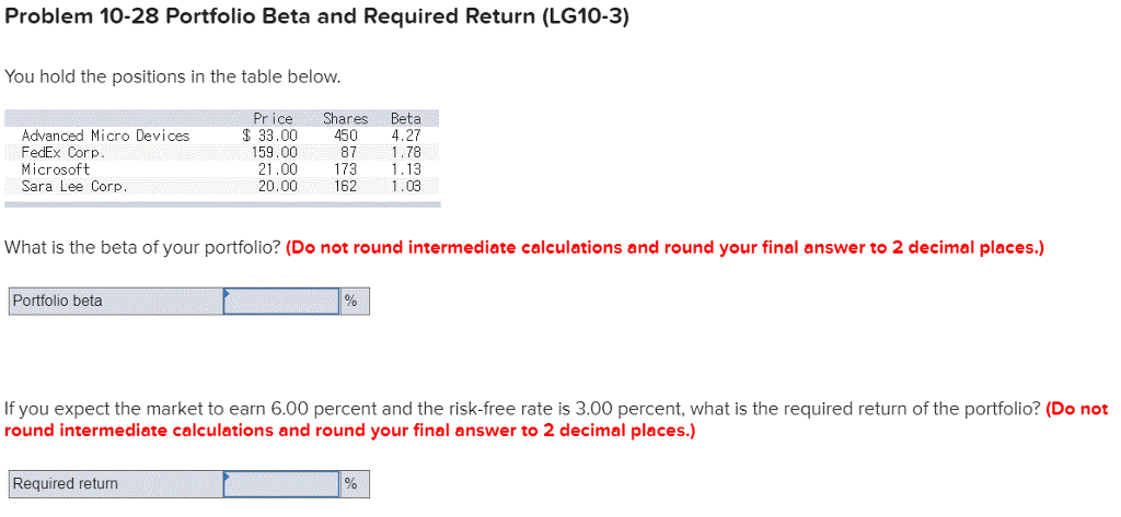 Please give me the correct answer! Problem 10-28 Portfolio Beta and